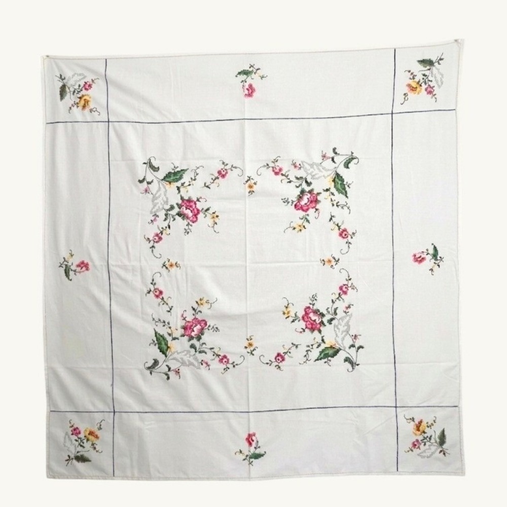 Vintage Hand Embroidered Cross Stitch Floral Tablecloth White Square 48x50 - Picture 2 of 10